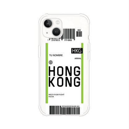 Funda personalizada estilo pase de abordar con diseño de Hong Kong y código HKG, personalizable con nombre y datos de vuelo; producto de Remark MX para iPhone