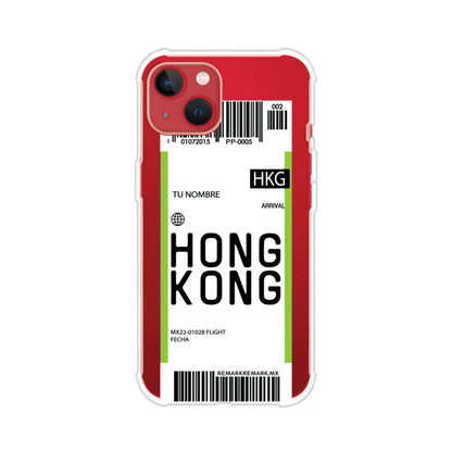 Funda personalizada estilo pase de abordar con diseño de Hong Kong y código HKG, personalizable con nombre y datos de vuelo; producto de Remark MX para iPhone