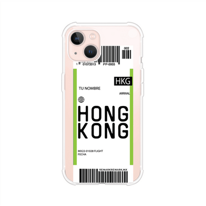 Funda personalizada estilo pase de abordar con diseño de Hong Kong y código HKG, personalizable con nombre y datos de vuelo; producto de Remark MX para iPhone