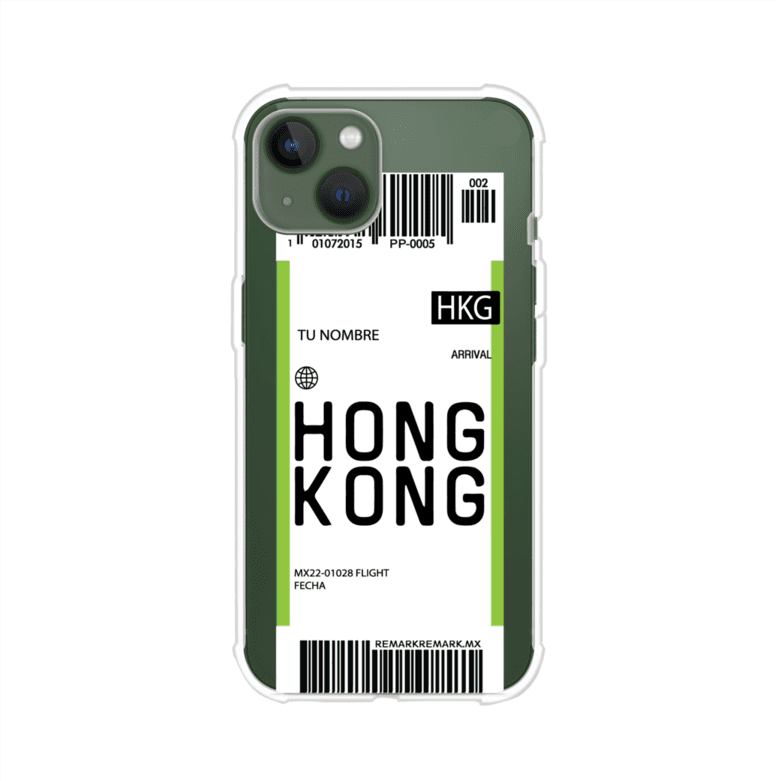 Funda personalizada estilo pase de abordar con diseño de Hong Kong y código HKG, personalizable con nombre y datos de vuelo; producto de Remark MX para iPhone