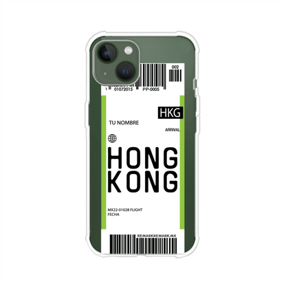 Funda personalizada estilo pase de abordar con diseño de Hong Kong y código HKG, personalizable con nombre y datos de vuelo; producto de Remark MX para iPhone