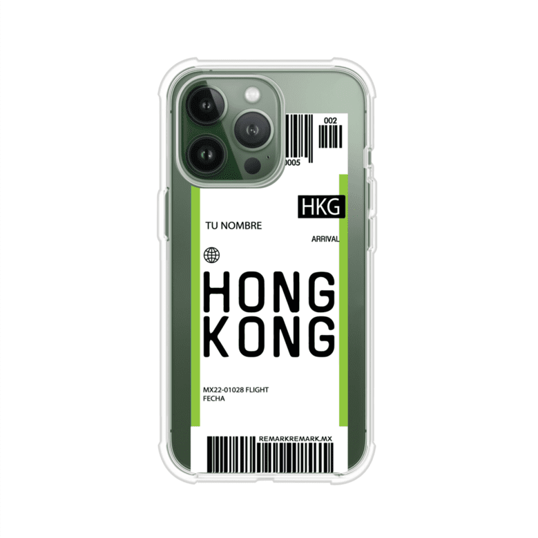 Funda personalizada estilo pase de abordar con diseño de Hong Kong y código HKG, personalizable con nombre y datos de vuelo; producto de Remark MX para iPhone