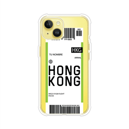 Funda personalizada estilo pase de abordar con diseño de Hong Kong y código HKG, personalizable con nombre y datos de vuelo; producto de Remark MX para iPhone