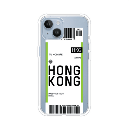 Funda personalizada estilo pase de abordar con diseño de Hong Kong y código HKG, personalizable con nombre y datos de vuelo; producto de Remark MX para iPhone