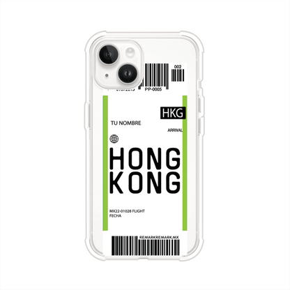 Funda personalizada estilo pase de abordar con diseño de Hong Kong y código HKG, personalizable con nombre y datos de vuelo; producto de Remark MX para iPhone