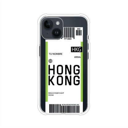 Funda personalizada estilo pase de abordar con diseño de Hong Kong y código HKG, personalizable con nombre y datos de vuelo; producto de Remark MX para iPhone