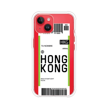 Funda personalizada estilo pase de abordar con diseño de Hong Kong y código HKG, personalizable con nombre y datos de vuelo; producto de Remark MX para iPhone