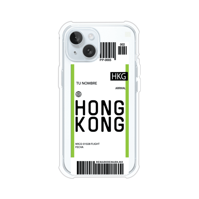 Funda personalizada estilo pase de abordar con diseño de Hong Kong y código HKG, personalizable con nombre y datos de vuelo; producto de Remark MX para iPhone