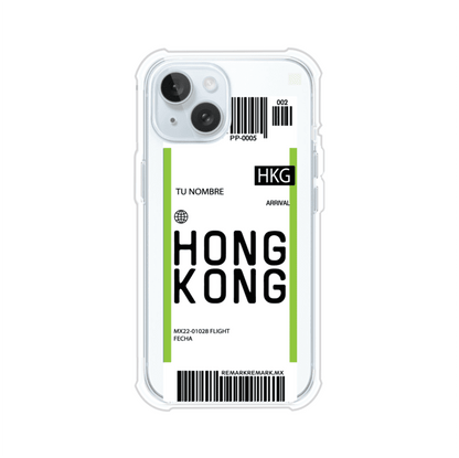 Funda personalizada estilo pase de abordar con diseño de Hong Kong y código HKG, personalizable con nombre y datos de vuelo; producto de Remark MX para iPhone