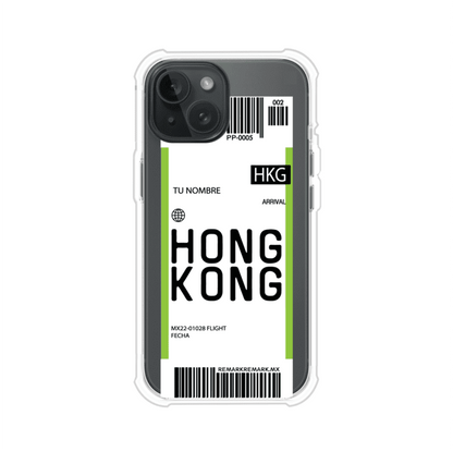 Funda personalizada estilo pase de abordar con diseño de Hong Kong y código HKG, personalizable con nombre y datos de vuelo; producto de Remark MX para iPhone