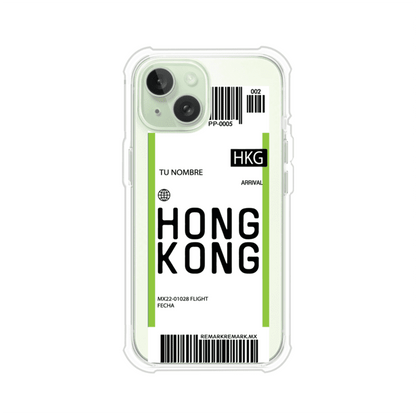 Funda personalizada estilo pase de abordar con diseño de Hong Kong y código HKG, personalizable con nombre y datos de vuelo; producto de Remark MX para iPhone