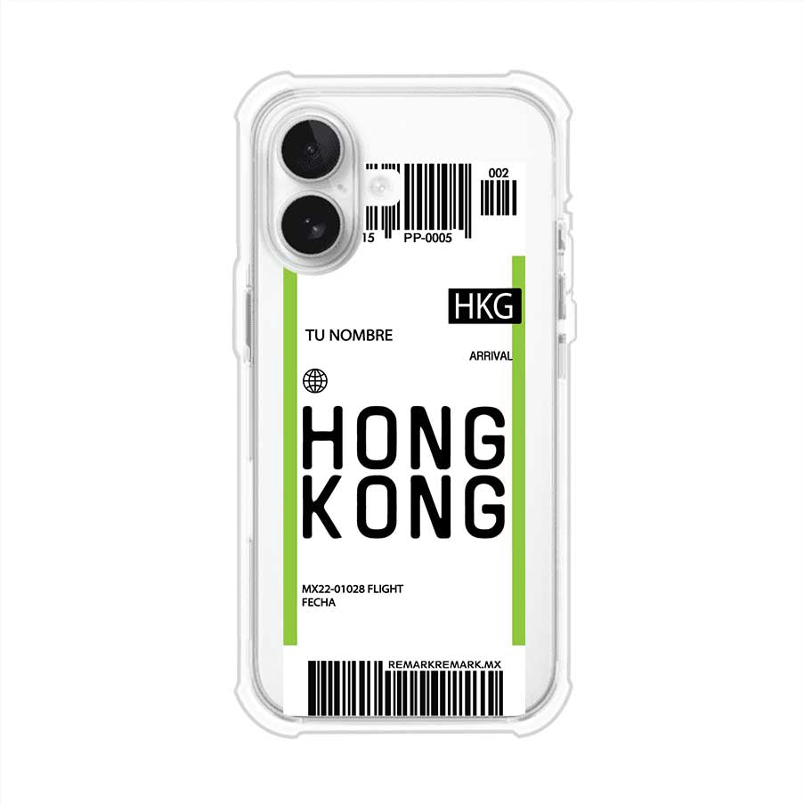 Funda personalizada estilo pase de abordar con diseño de Hong Kong y código HKG, personalizable con nombre y datos de vuelo; producto de Remark MX para iPhone