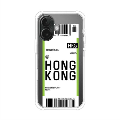 Funda personalizada estilo pase de abordar con diseño de Hong Kong y código HKG, personalizable con nombre y datos de vuelo; producto de Remark MX para iPhone