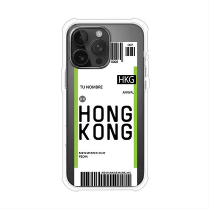 Funda personalizada estilo pase de abordar con diseño de Hong Kong y código HKG, personalizable con nombre y datos de vuelo; producto de Remark MX para iPhone