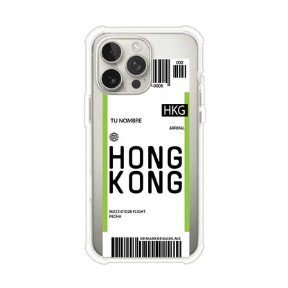 Funda personalizada estilo pase de abordar con diseño de Hong Kong y código HKG, personalizable con nombre y datos de vuelo; producto de Remark MX para iPhone