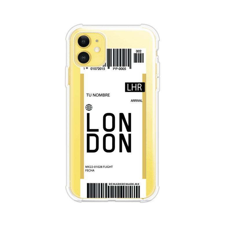 Funda personalizada estilo pase de abordar con diseño de Londres y código LHR, personalizable con nombre y datos de vuelo; producto de Remark MX para iPhone