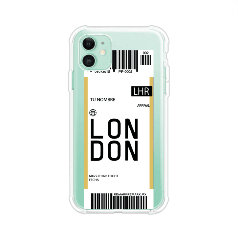 Funda personalizada estilo pase de abordar con diseño de Londres y código LHR, personalizable con nombre y datos de vuelo; producto de Remark MX para iPhone