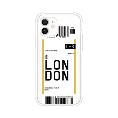 Funda personalizada estilo pase de abordar con diseño de Londres y código LHR, personalizable con nombre y datos de vuelo; producto de Remark MX para iPhone