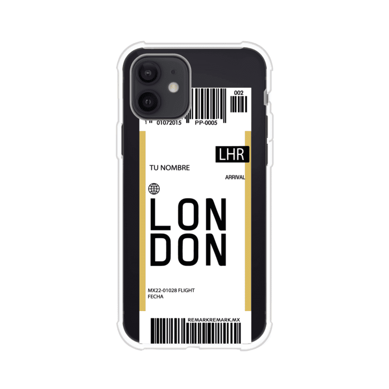 Funda personalizada estilo pase de abordar con diseño de Londres y código LHR, personalizable con nombre y datos de vuelo; producto de Remark MX para iPhone