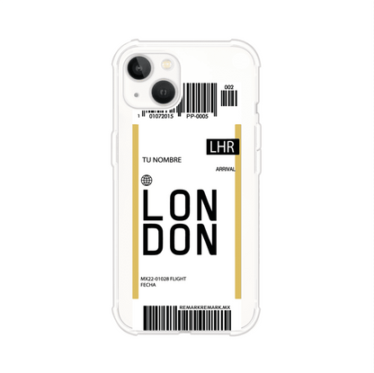 Funda personalizada estilo pase de abordar con diseño de Londres y código LHR, personalizable con nombre y datos de vuelo; producto de Remark MX para iPhone