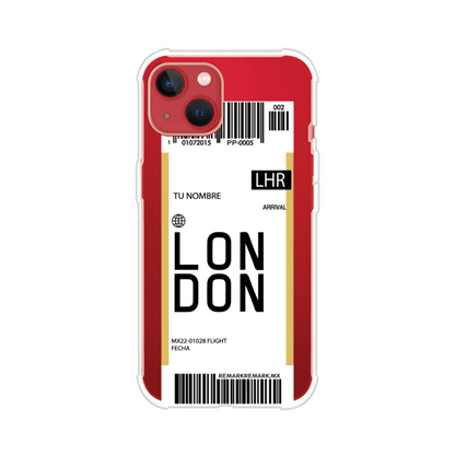 Funda personalizada estilo pase de abordar con diseño de Londres y código LHR, personalizable con nombre y datos de vuelo; producto de Remark MX para iPhone