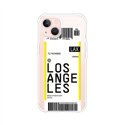 Funda personalizada estilo pase de abordar con diseño de Londres y código LHR, personalizable con nombre y datos de vuelo; producto de Remark MX para iPhone