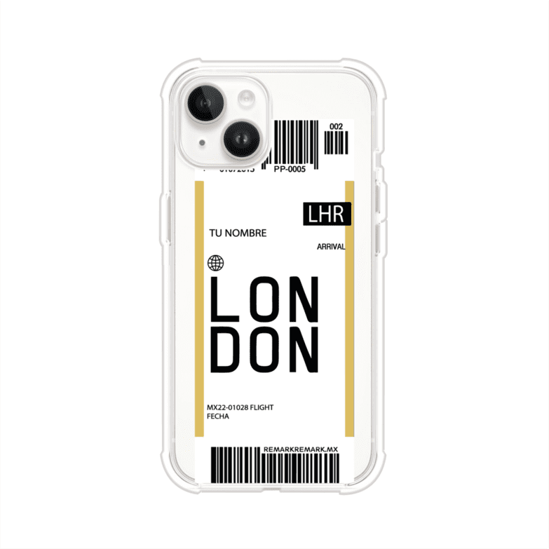Funda personalizada estilo pase de abordar con diseño de Londres y código LHR, personalizable con nombre y datos de vuelo; producto de Remark MX para iPhone