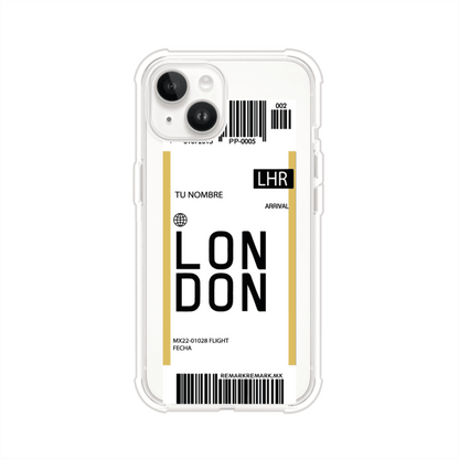 Funda personalizada estilo pase de abordar con diseño de Londres y código LHR, personalizable con nombre y datos de vuelo; producto de Remark MX para iPhone