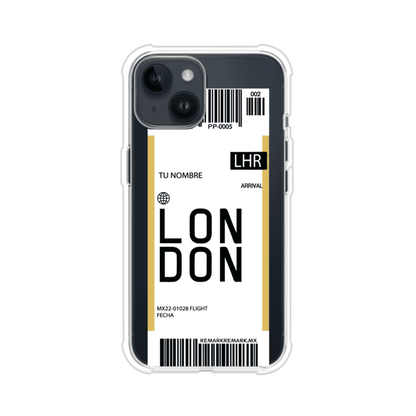 Funda personalizada estilo pase de abordar con diseño de Londres y código LHR, personalizable con nombre y datos de vuelo; producto de Remark MX para iPhone