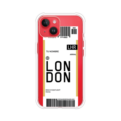 Funda personalizada estilo pase de abordar con diseño de Londres y código LHR, personalizable con nombre y datos de vuelo; producto de Remark MX para iPhone