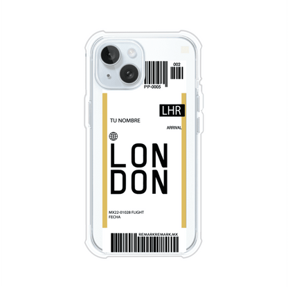 Funda personalizada estilo pase de abordar con diseño de Londres y código LHR, personalizable con nombre y datos de vuelo; producto de Remark MX para iPhone