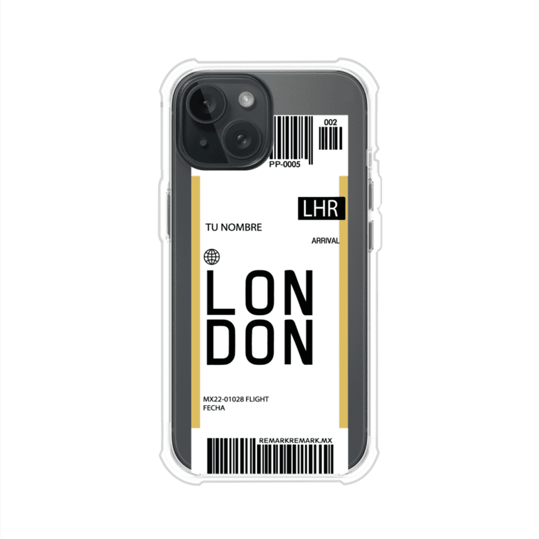 Funda personalizada estilo pase de abordar con diseño de Londres y código LHR, personalizable con nombre y datos de vuelo; producto de Remark MX para iPhone