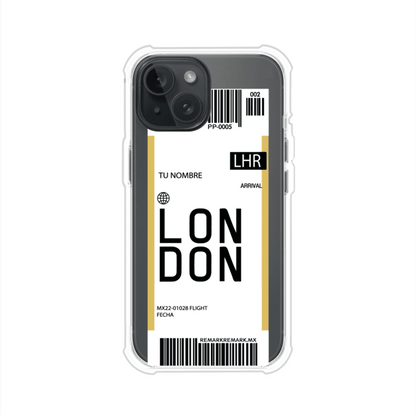 Funda personalizada estilo pase de abordar con diseño de Londres y código LHR, personalizable con nombre y datos de vuelo; producto de Remark MX para iPhone