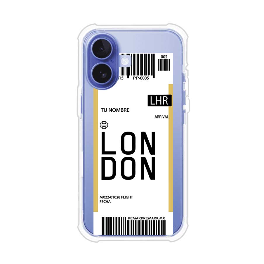 Funda personalizada estilo pase de abordar con diseño de Londres y código LHR, personalizable con nombre y datos de vuelo; producto de Remark MX para iPhone