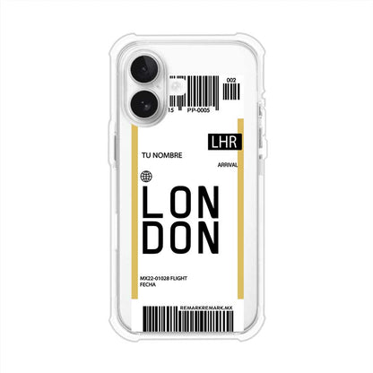 Funda personalizada estilo pase de abordar con diseño de Londres y código LHR, personalizable con nombre y datos de vuelo; producto de Remark MX para iPhone
