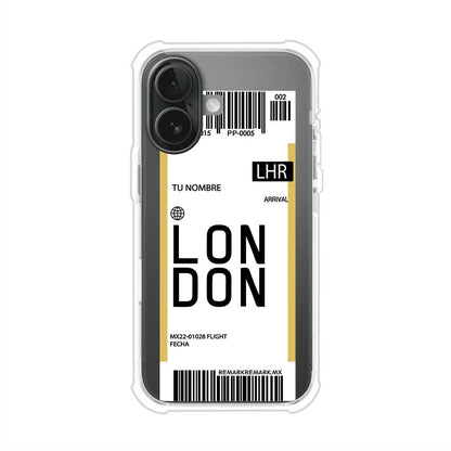 Funda personalizada estilo pase de abordar con diseño de Londres y código LHR, personalizable con nombre y datos de vuelo; producto de Remark MX para iPhone