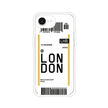 Funda personalizada estilo pase de abordar con diseño de Londres y código LHR, personalizable con nombre y datos de vuelo; producto de Remark MX para iPhone
