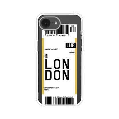 Funda personalizada estilo pase de abordar con diseño de Londres y código LHR, personalizable con nombre y datos de vuelo; producto de Remark MX para iPhone