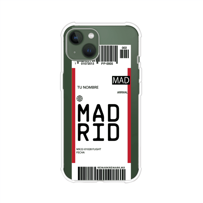 Funda personalizada estilo pase de abordar con diseño de Madrid y código MAD, personalizable con nombre y datos de vuelo; producto de Remark MX para iPhone