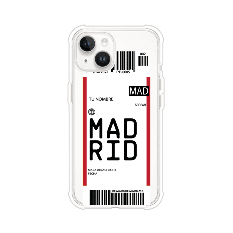 Funda personalizada estilo pase de abordar con diseño de Madrid y código MAD, personalizable con nombre y datos de vuelo; producto de Remark MX para iPhone