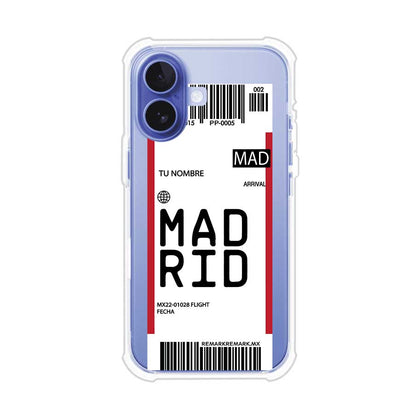Funda personalizada estilo pase de abordar con diseño de Madrid y código MAD, personalizable con nombre y datos de vuelo; producto de Remark MX para iPhone