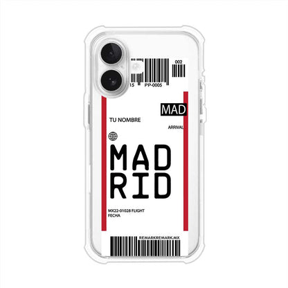 Funda personalizada estilo pase de abordar con diseño de Madrid y código MAD, personalizable con nombre y datos de vuelo; producto de Remark MX para iPhone