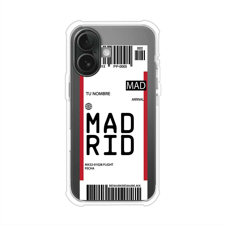 Funda personalizada estilo pase de abordar con diseño de Madrid y código MAD, personalizable con nombre y datos de vuelo; producto de Remark MX para iPhone