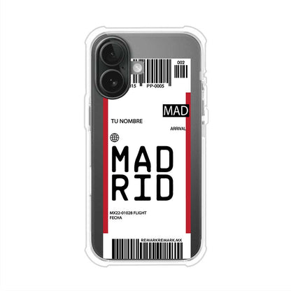 Funda personalizada estilo pase de abordar con diseño de Madrid y código MAD, personalizable con nombre y datos de vuelo; producto de Remark MX para iPhone