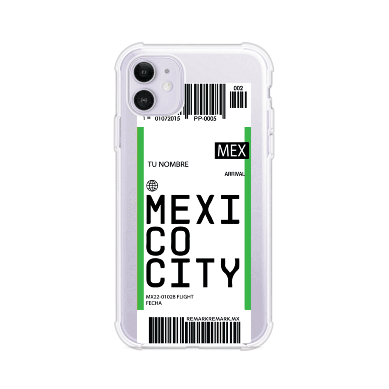 Funda personalizada estilo pase de abordar con diseño de Mexico y código MEX, personalizable con nombre y datos de vuelo; producto de Remark MX para iPhone