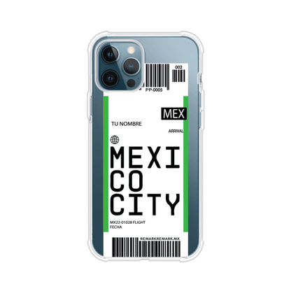Funda personalizada estilo pase de abordar con diseño de Mexico y código MEX, personalizable con nombre y datos de vuelo; producto de Remark MX para iPhone