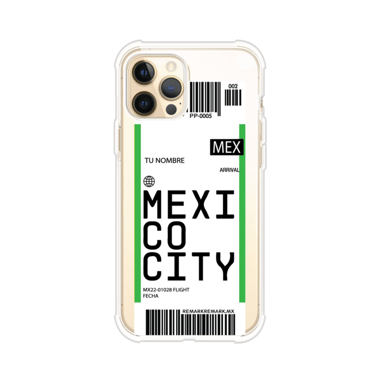 Funda personalizada estilo pase de abordar con diseño de Mexico y código MEX, personalizable con nombre y datos de vuelo; producto de Remark MX para iPhone