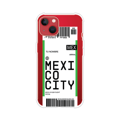 Funda personalizada estilo pase de abordar con diseño de Mexico y código MEX, personalizable con nombre y datos de vuelo; producto de Remark MX para iPhone