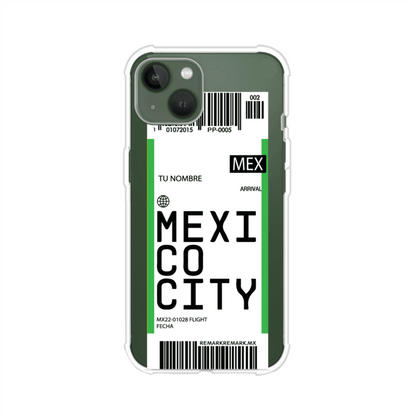 Funda personalizada estilo pase de abordar con diseño de Mexico y código MEX, personalizable con nombre y datos de vuelo; producto de Remark MX para iPhone