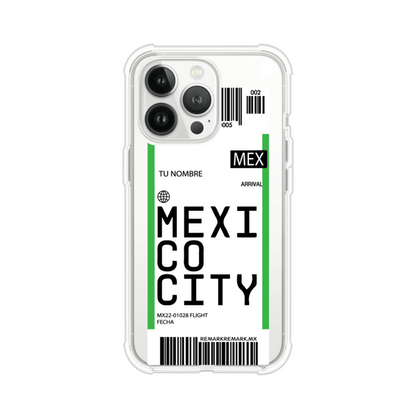 Funda personalizada estilo pase de abordar con diseño de Mexico y código MEX, personalizable con nombre y datos de vuelo; producto de Remark MX para iPhone